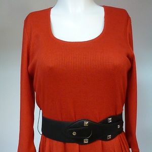LONG SLEEVE RED DRESS  BLACK  BELT AND SCARF NWT